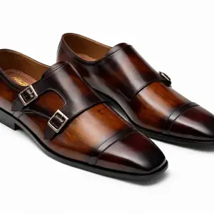 Premium Double Monk Strap Leather Shoes – Two-Tone Brown & Black