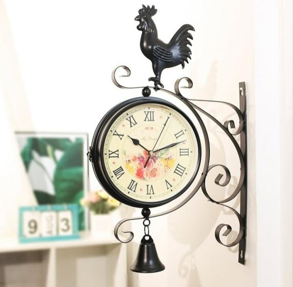 Vintage Black Metal Wall Clock – Rooster & Bell Design