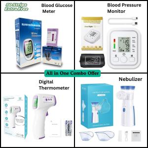 BP Monitor + Blood Glucose Meter (50 extra free strips) + Digital Thermometer + Nebulizer (2 masks for kids and adults)